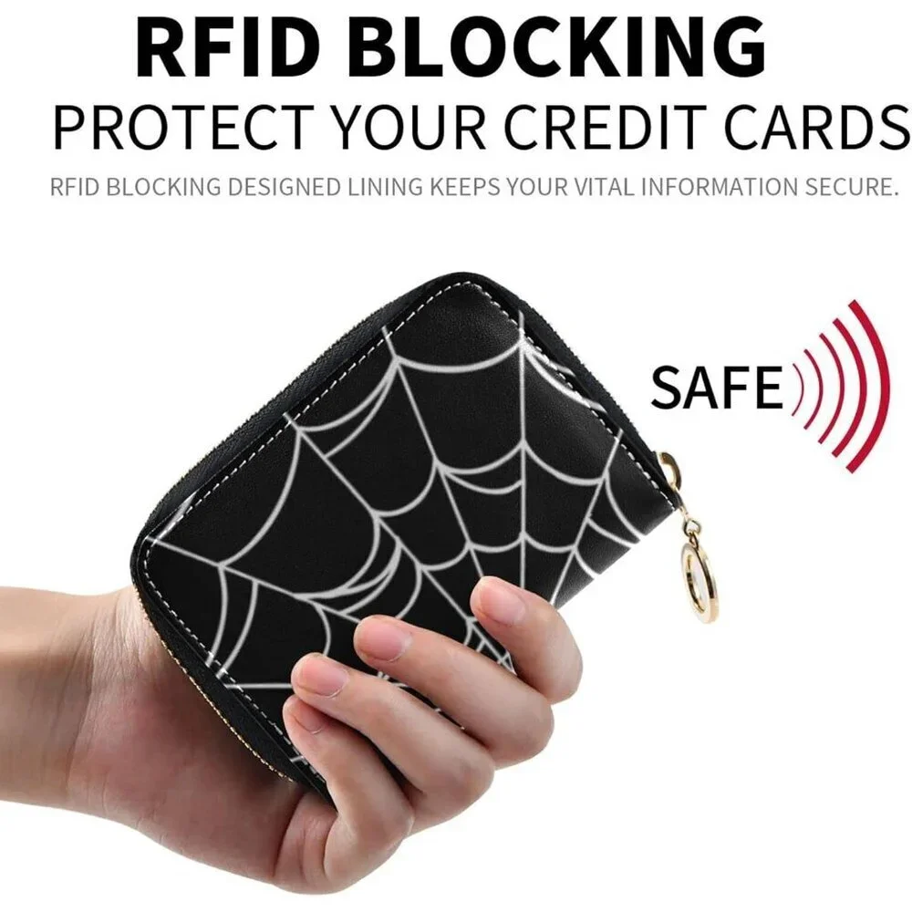 Women's Spider Web Leather Zipper Card Case Accordion Credit Card Holder Wallet